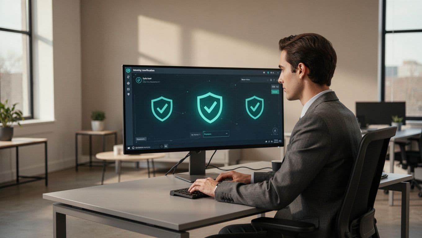 Modern illustration of a help desk agent seated at a desk with computer, performing secure identity verification for password reset by checking phone callback, device fingerprint, and recent login locations on screen.