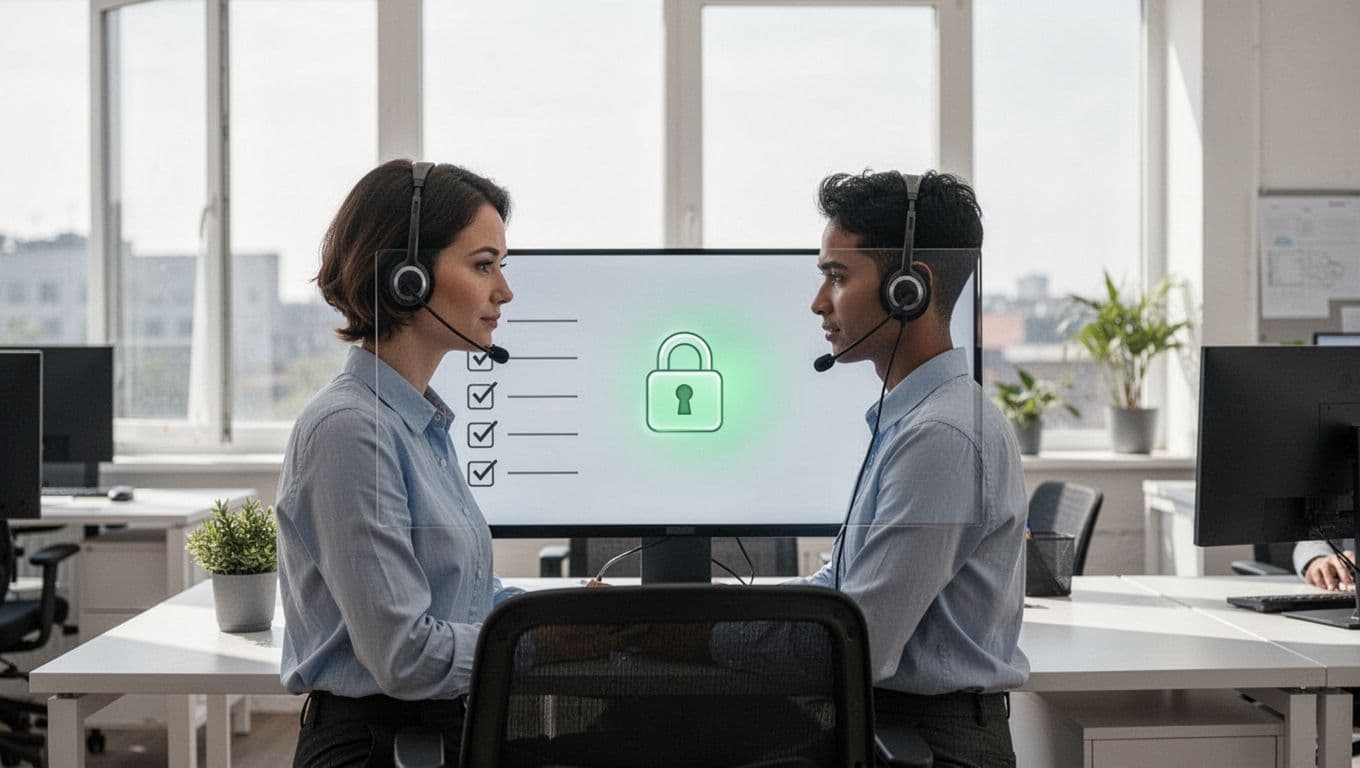 Modern illustration of a help desk agent wearing a headset at a workstation in a bright office, with screen showing verification checklist icons and a secure lock accent, calm focused expression.