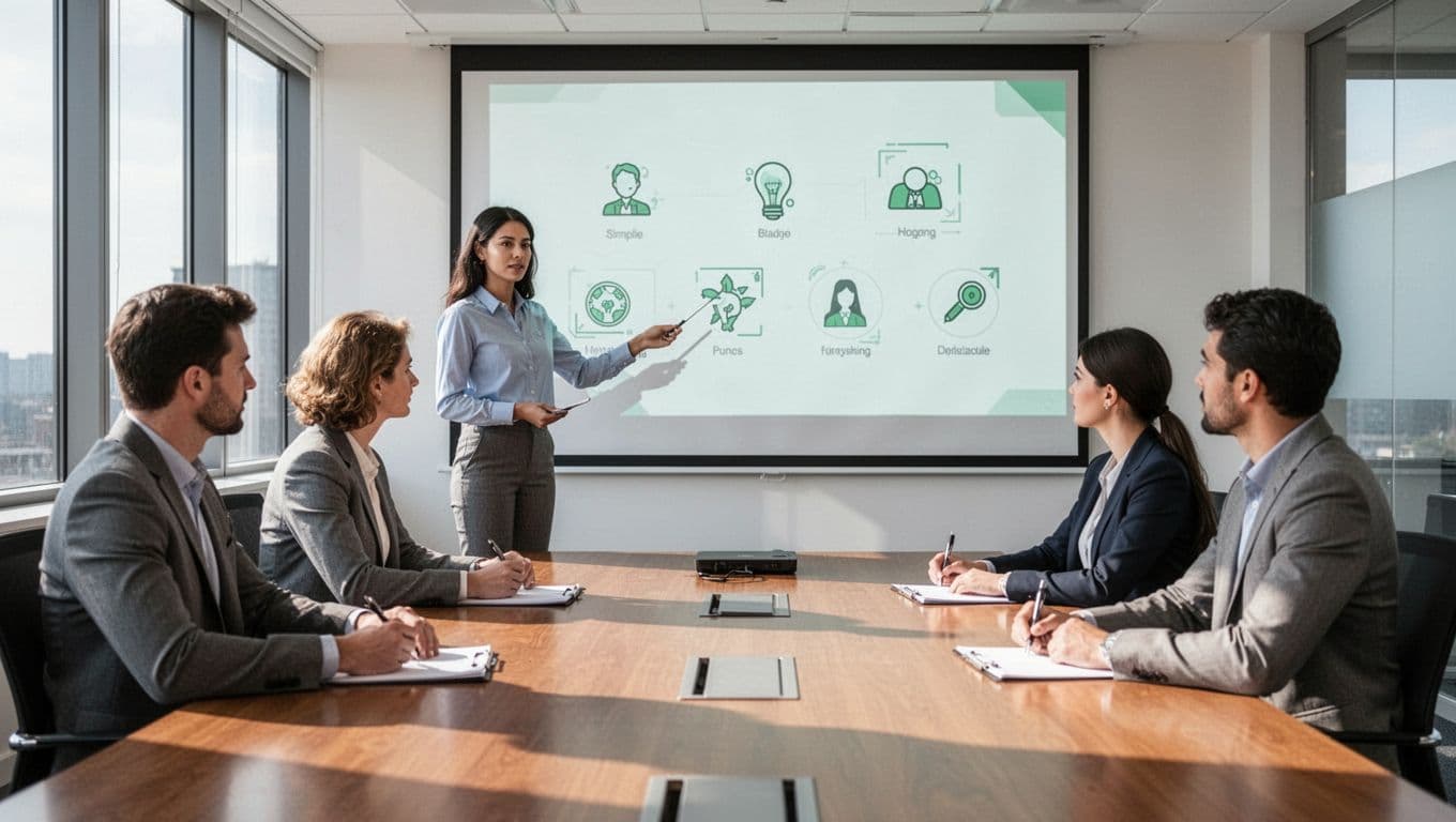 Modern illustration of instructor leading help desk team training on password reset policy in bright conference room with projected checklist.