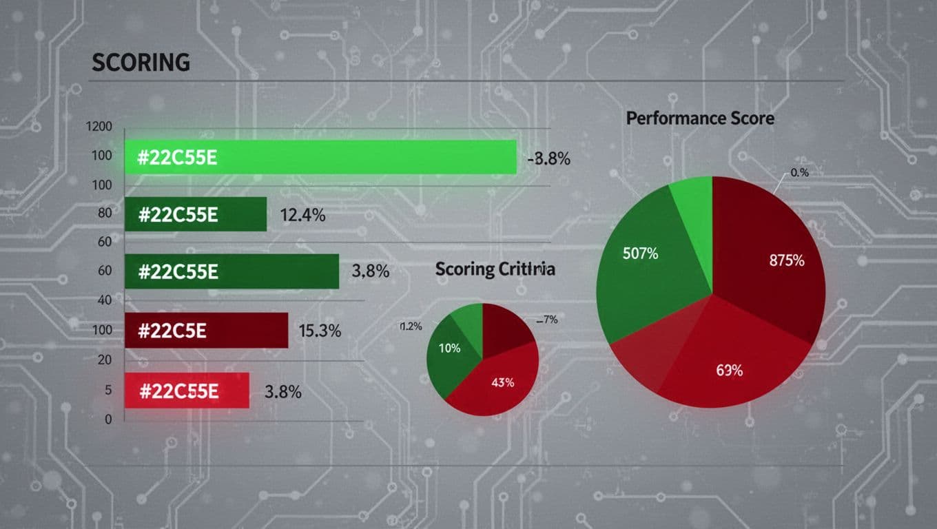 Dashboard shows bar graphs and pie charts with green success and red failure indicators on subtle circuit background.