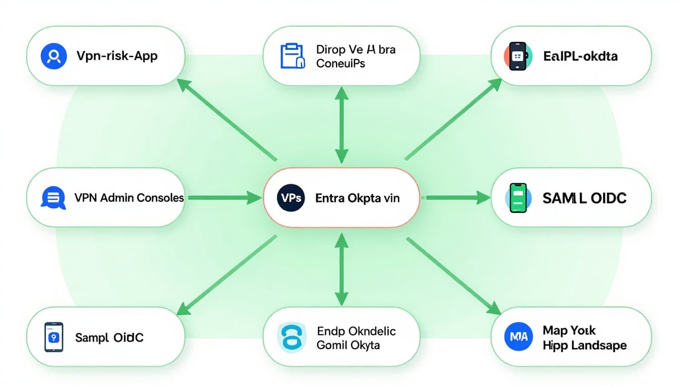 Network diagram shows high-risk apps connected to Entra and Okta IdPs via SAML/OIDC, arrows for direct vs federated logins, green covered paths, red gaps, mobile icons.
