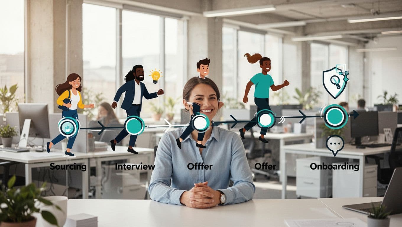 Modern illustration depicting a smooth high-volume hiring process with diverse candidates flowing through stages from sourcing to onboarding on a flowchart diagram in an office setting, overseen by one happy recruiter.