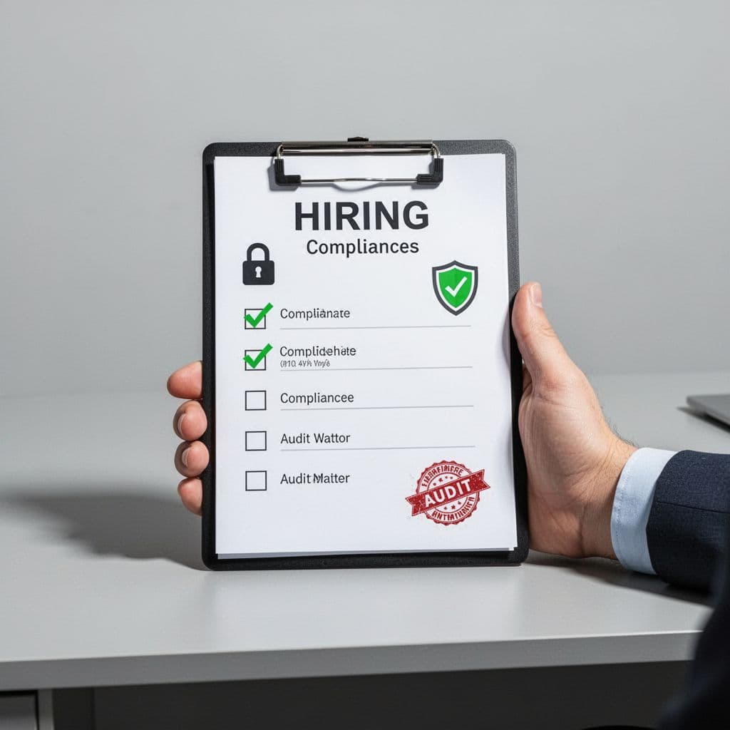 Clipboard with hiring checklist next to locks, shields, and audit icons, held by hand on desk.