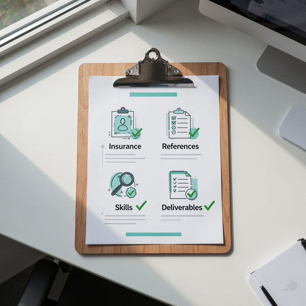 Modern top-down illustration of a clipboard checklist with green highlights and checkmarks next to icons representing insurance, references, skills, and deliverables on a professional office desk.