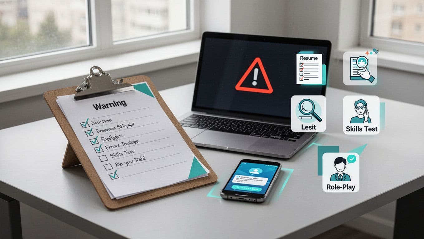 Clipboard with hiring checklist next to laptop showing alert, phone, and icons for resume, skills test, roleplay on a desk.