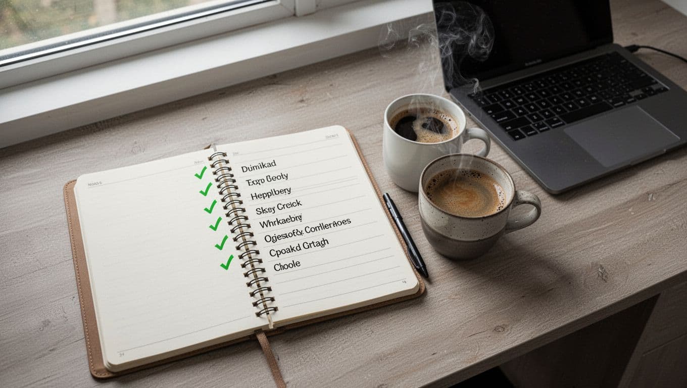 Top-down illustration of a simple notepad checklist with crossed-off hiring items like skills and experience, next to a coffee mug and laptop, in modern flat style with clean shapes, neutral tones, and green checkmarks.