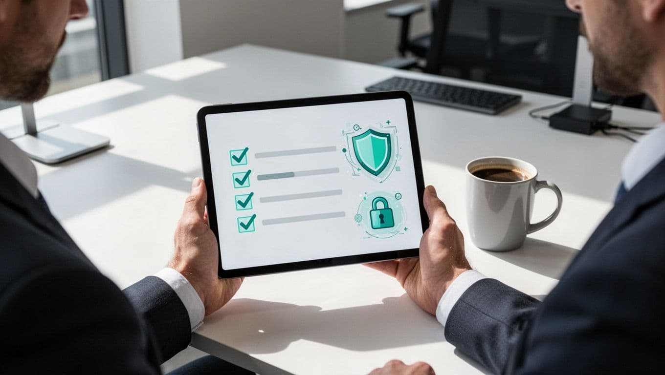 Modern illustration of a professional holding a digital tablet showing a simple checklist with checkmarks and cybersecurity icons like shield and lock, on an office desk with coffee mug.