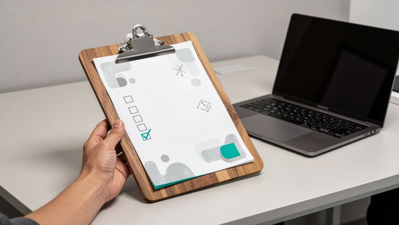 Modern illustration of a wooden clipboard holding a blank checklist with subtle security icons including padlock, shield, network graph, and alert symbols. A single relaxed hand holds the clipboard at an angle on an office desk next to a laptop, using a clean design with neutral light background.