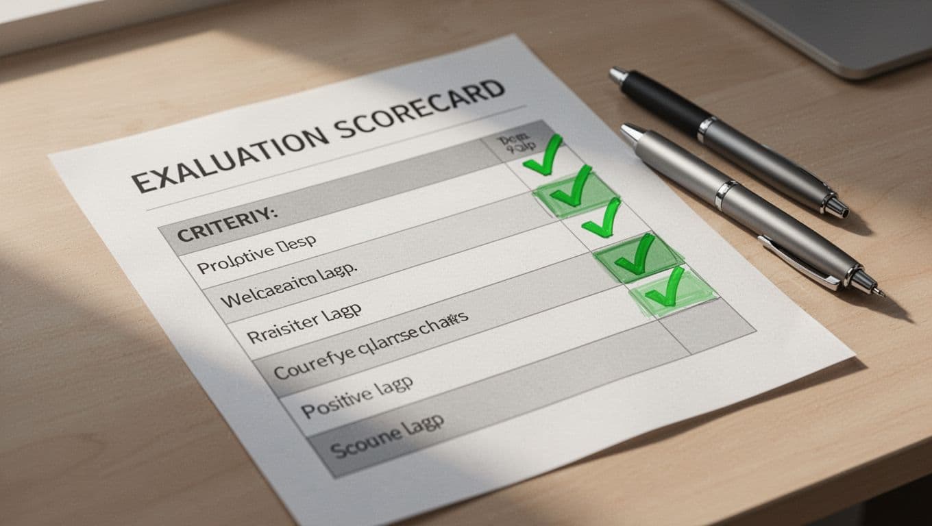 Simple evaluation scorecard for hiring with checkmarks on criteria like experience and skills, placed on a desk with a pen in a close-up composition. Modern illustration style featuring clean shapes, green accents for positive marks, and even lighting.