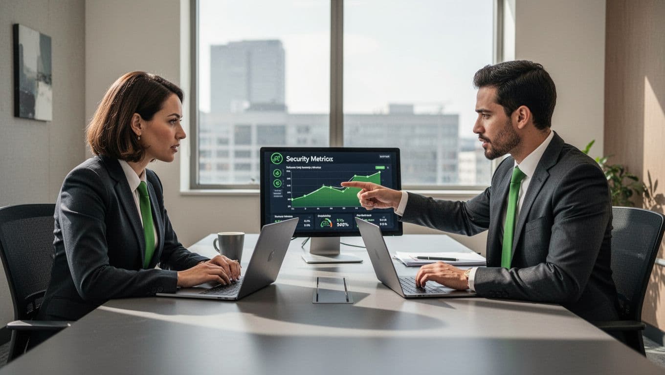 Modern illustration of a hiring manager and candidate in a professional office, seated at a table with laptops open, discussing documents; one points to a chart on screen showing security metrics. Clean shapes, controlled colors with green accents, strong composition, natural lighting, exactly two people.