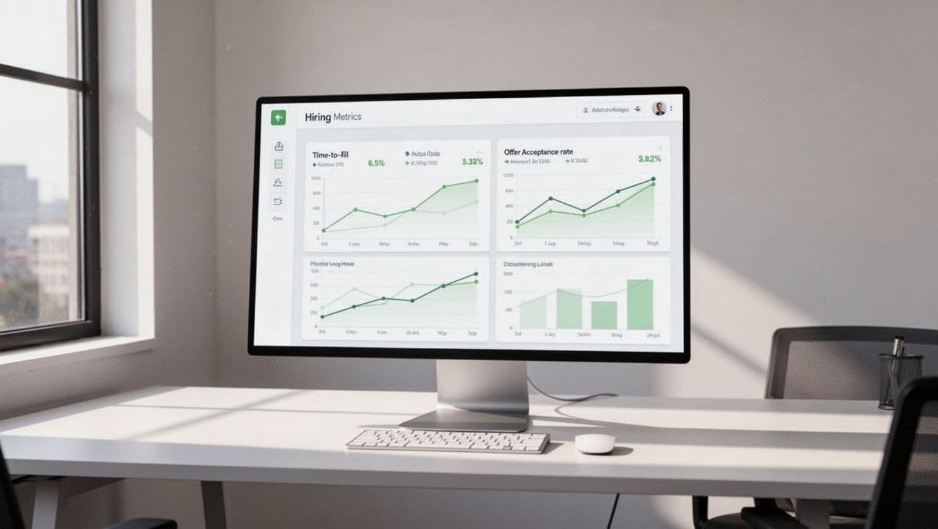 Clean lines illustration of a dashboard displaying hiring KPIs like time-to-fill and offer acceptance rate, with green-accented charts and graphs on a single monitor in an office desk setup, no people or text labels.