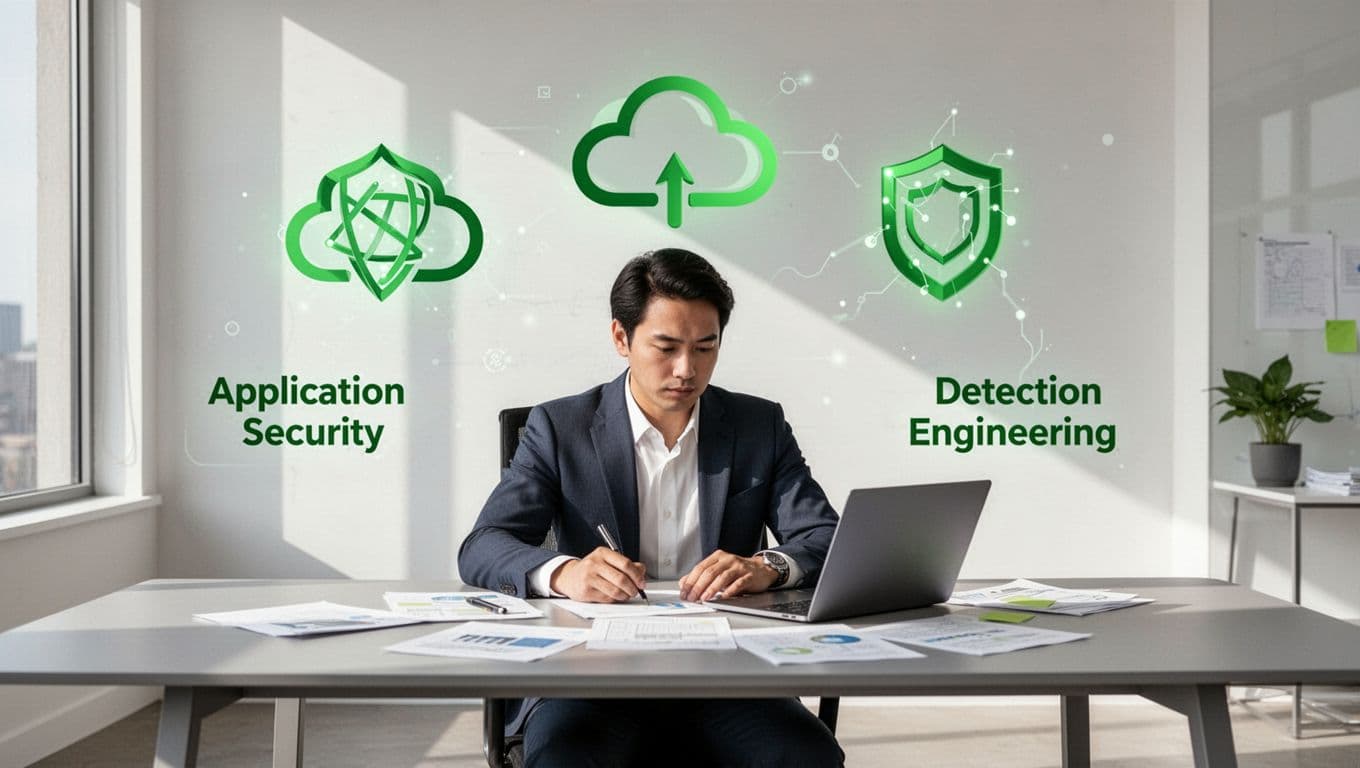 Hiring manager at desk with notes, open laptop to job spec, and floating cloud security, app security, detection icons.
