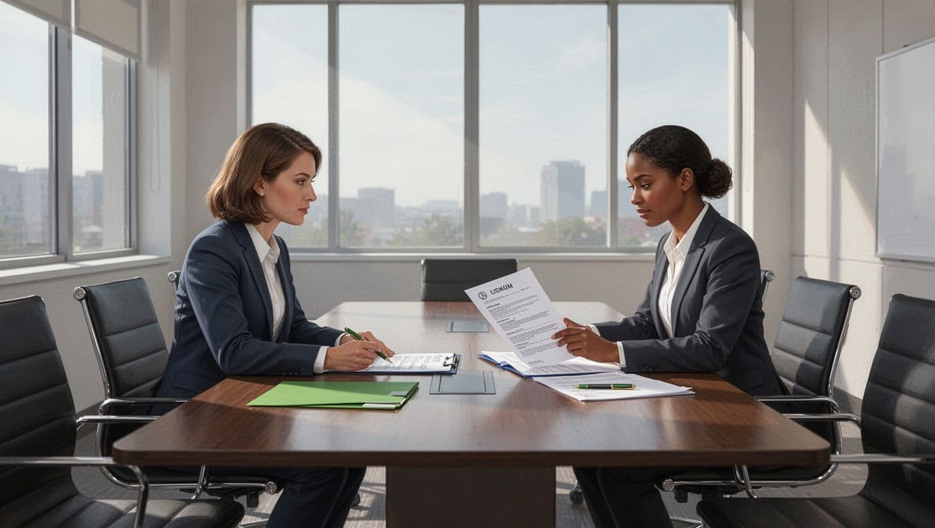 Hiring manager interviews candidate across conference table with notes and resume visible.