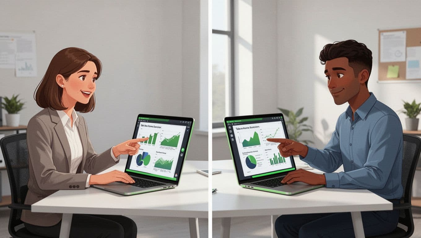 Hiring manager and candidate review take-home exercise charts over video call on laptops in split composition.