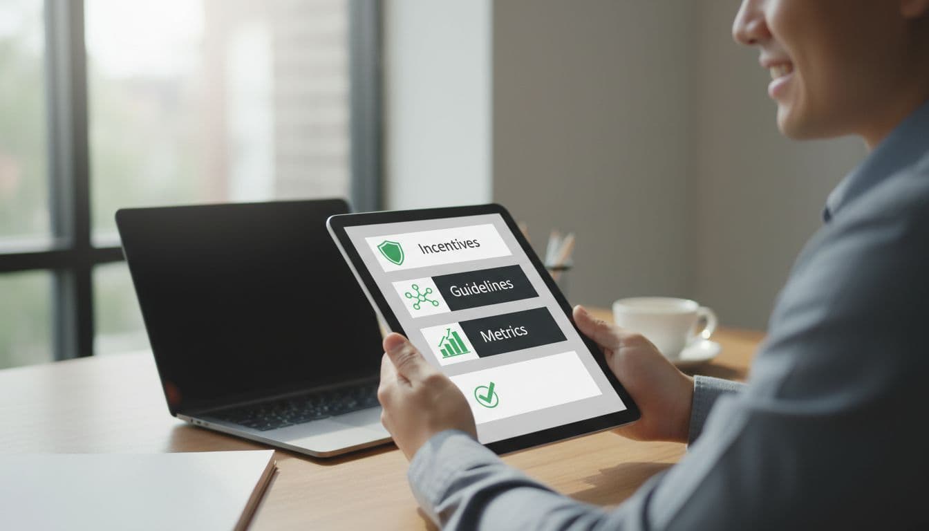Hiring manager holds tablet with checklist of incentives, guidelines, metrics, and cyber icons like shields on office desk with laptop.
