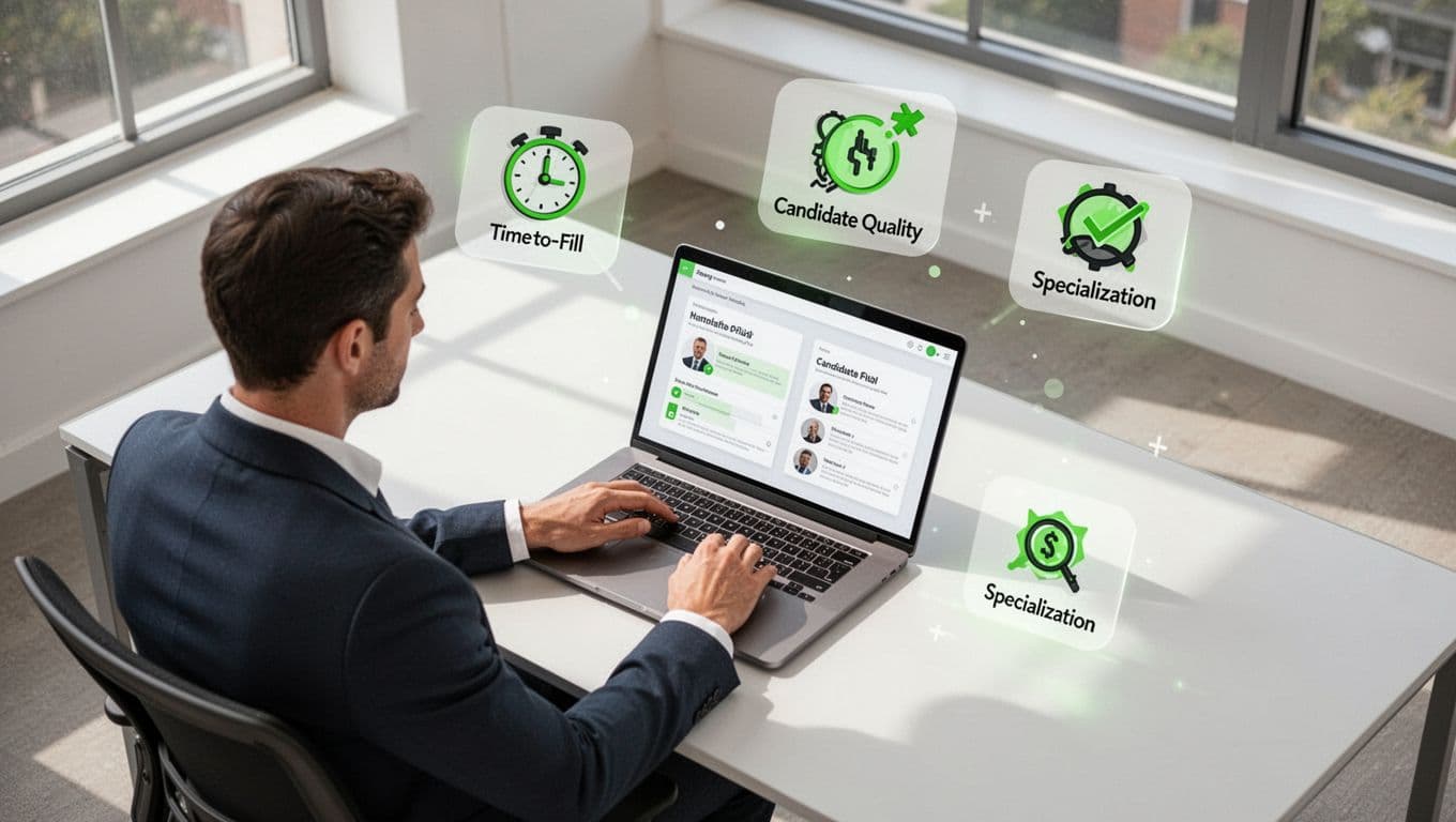 Modern illustration of a hiring manager at a desk comparing two recruitment agency profiles on a laptop screen, with icons for time-to-fill, candidate quality, and specialization floating nearby.