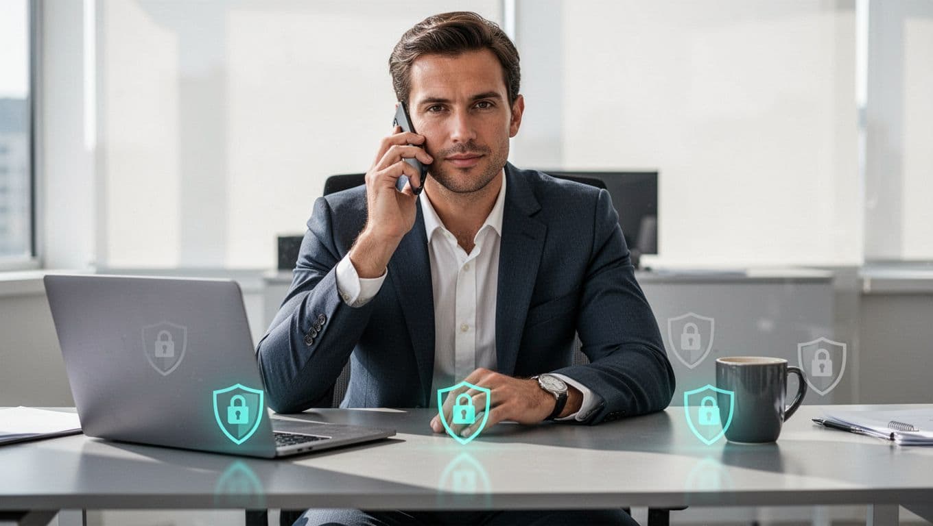 A hiring manager in a modern office speaks on the phone with a cybersecurity recruiter, surrounded by a desk with laptop, coffee mug, and cybersecurity icons like shields and locks.