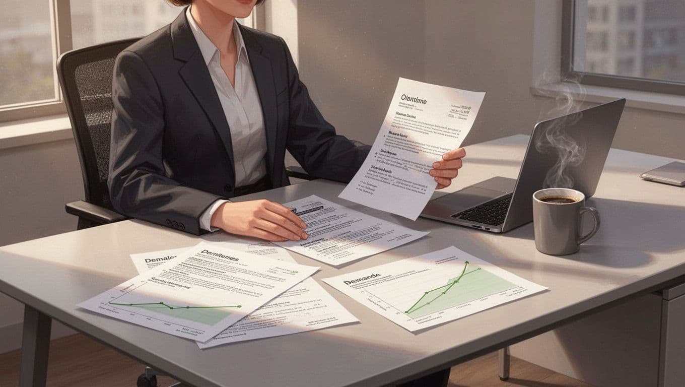 Modern office illustration of a hiring manager reviewing resumes at a desk with laptop and coffee mug, alongside graphs showing cybersecurity market growth and rising demand indicating talent shortage.