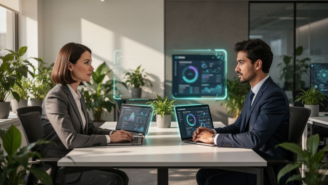 Hiring manager and cybersecurity candidate on video call, laptops show blurred security dashboards in office with plants.