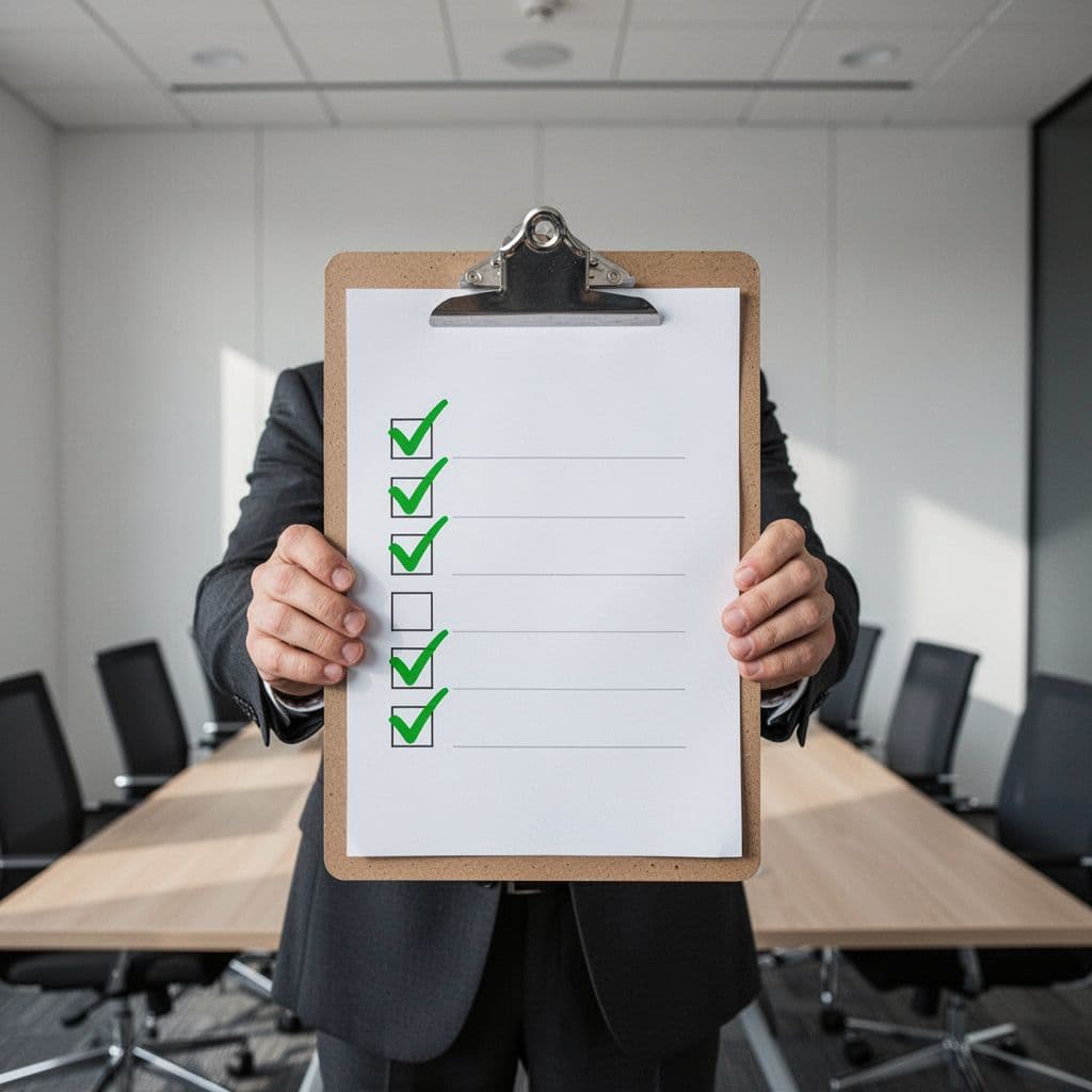 Modern illustration of a checklist on a clipboard with green checkmarks, held by a hiring manager in a conference room, focused on the evaluation process.