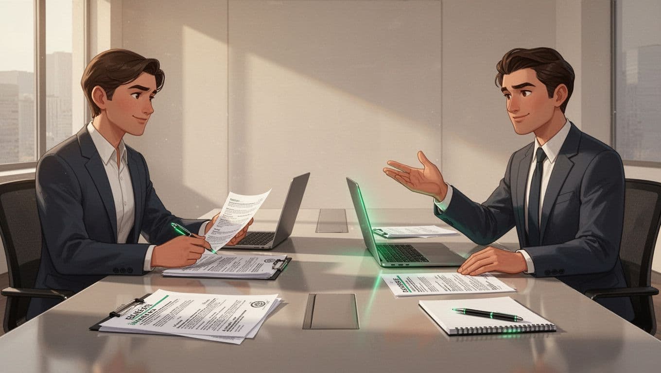 In a modern conference room, a hiring manager with notepad interviews a confident gesturing candidate for a risk analyst role, with laptop and resumes on the table.