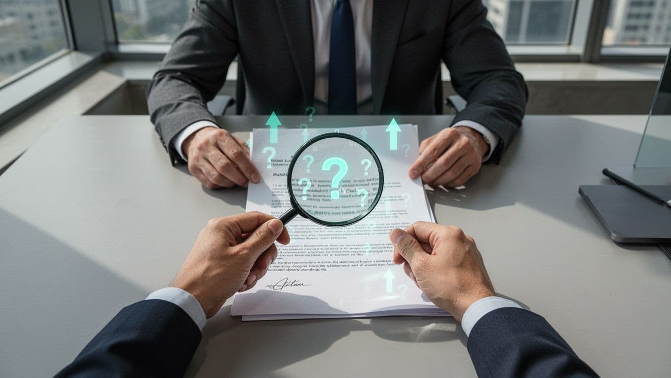 Modern illustration of a hiring manager using a magnifying glass over a recruitment contract on an office desk, revealing hidden fees and unclear terms as question marks and rising arrows with subtle window light.