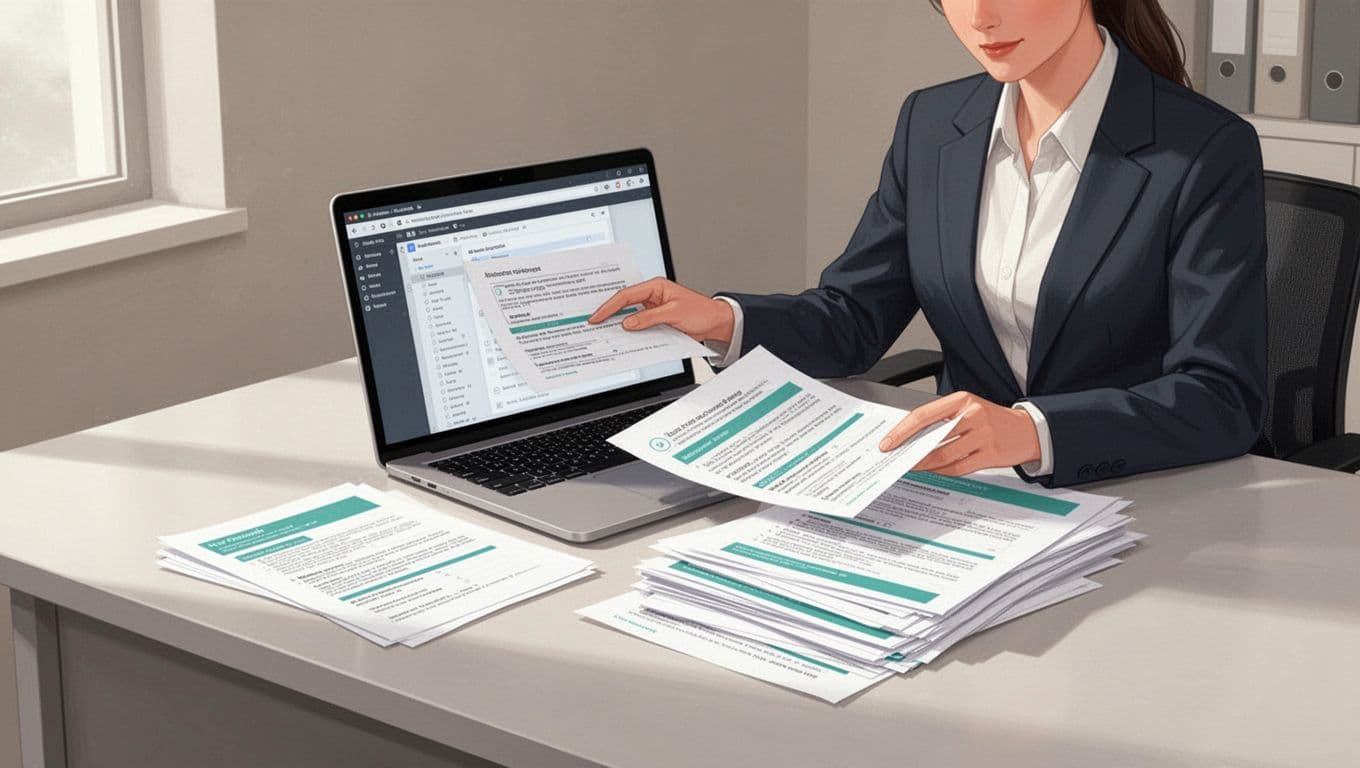 Modern illustration of a hiring manager at a desk reviewing resumes and job descriptions for OT security roles on a laptop in an office setting, featuring clean shapes with green accents on key documents.
