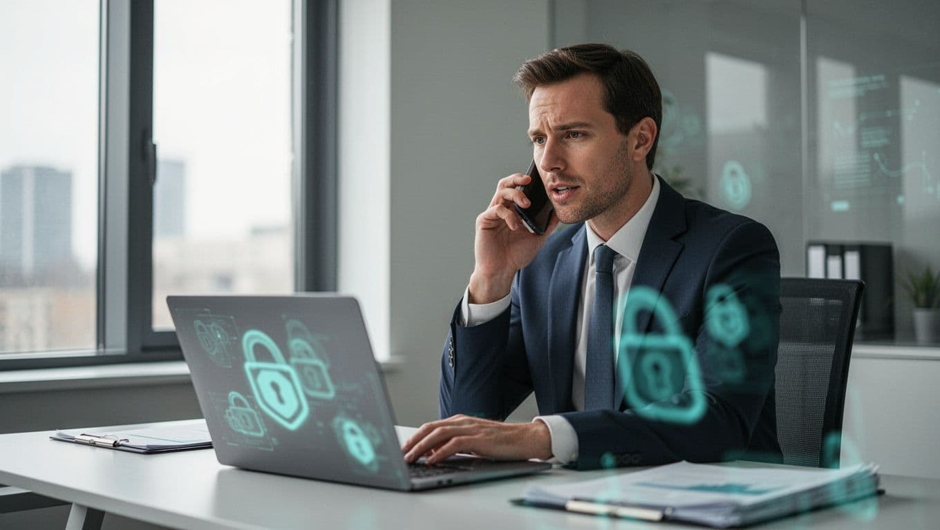 A professional hiring manager in a modern office holds a phone to their ear during a call with a cybersecurity recruiter, with a laptop displaying blurred abstract security icons on the desk.