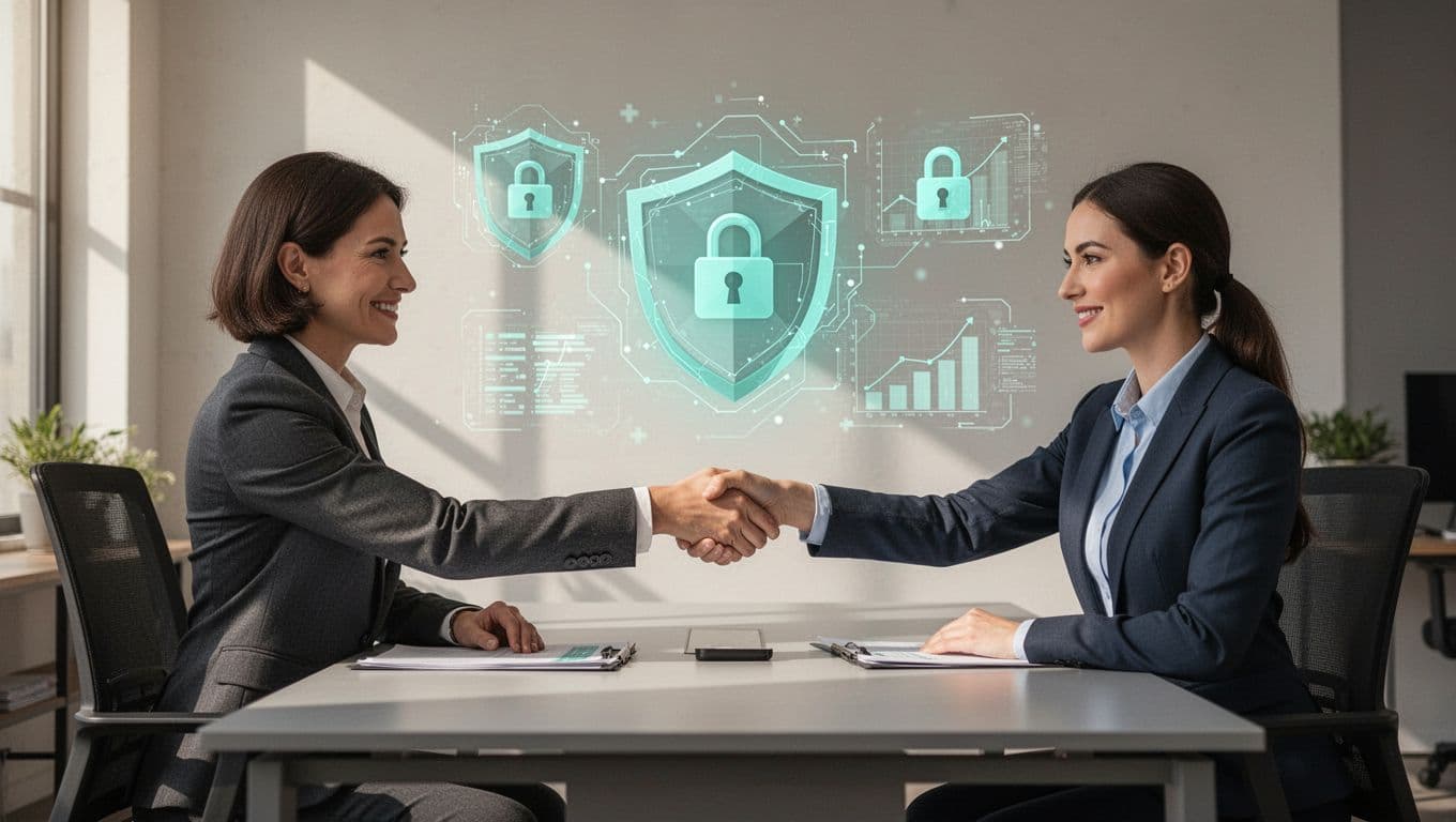 Modern illustration of a hiring manager shaking hands with a recruiter across a desk, surrounded by cybersecurity icons like shields, locks, and graphs in a professional office setting.