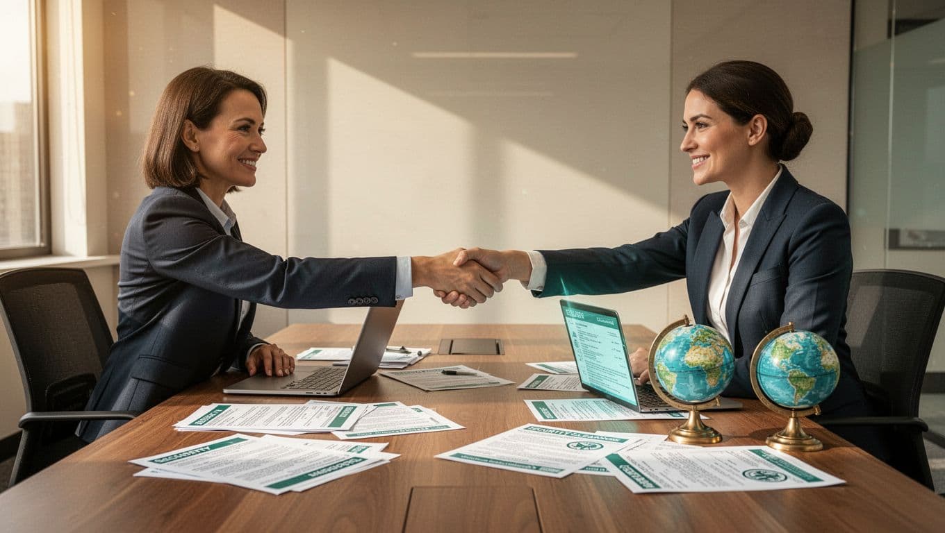 Modern illustration of a hiring manager shaking hands with a recruiter across a table with security clearance documents and remote work icons like laptop and globe in a conference room.