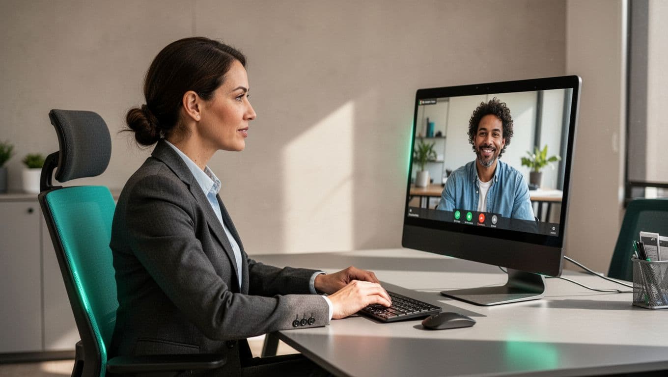 Modern illustration of a hiring manager at a desk in a professional office on a video call discussing a reference with a former colleague. Clean shapes, natural lighting, relaxed pose, with accent green glow on screen or chair, strong composition.