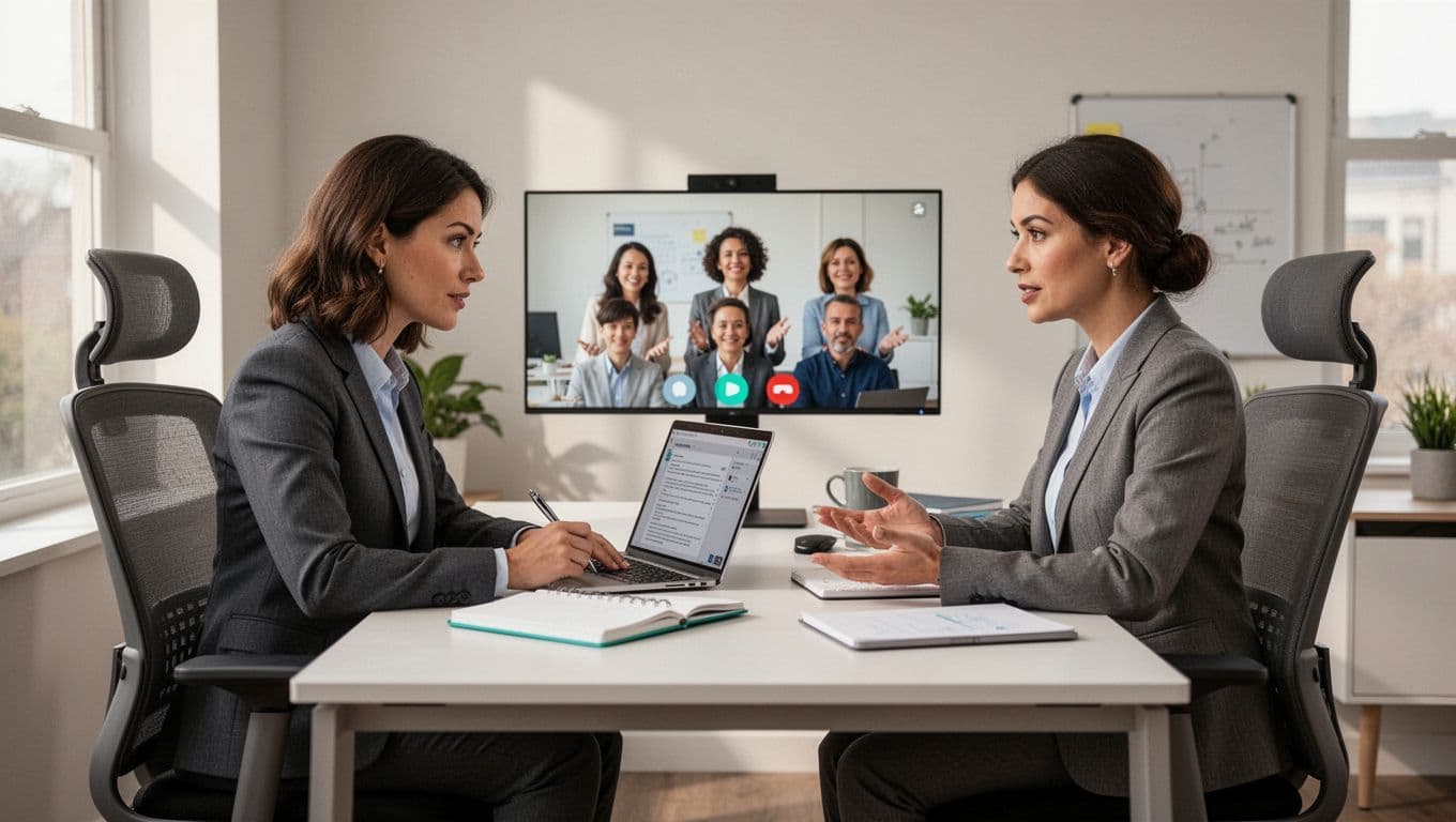 Modern illustration of a hiring manager on a video call with a reference, taking notes on a laptop in a professional office setting, featuring clean composition, soft lighting, and green accents.