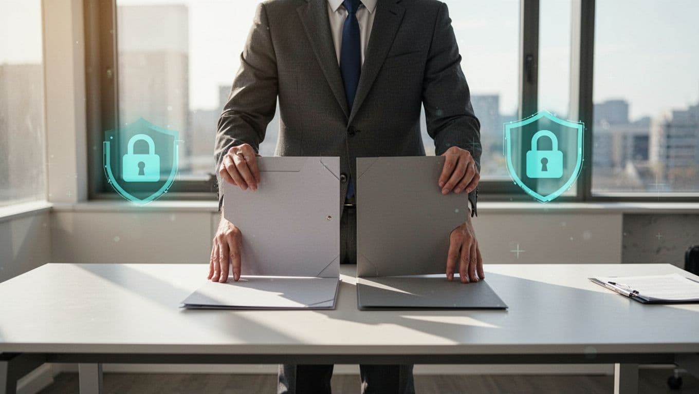 Modern illustration of a hiring manager in an office deciding between retainer and contingency folders, surrounded by cybersecurity icons like locks and shields.