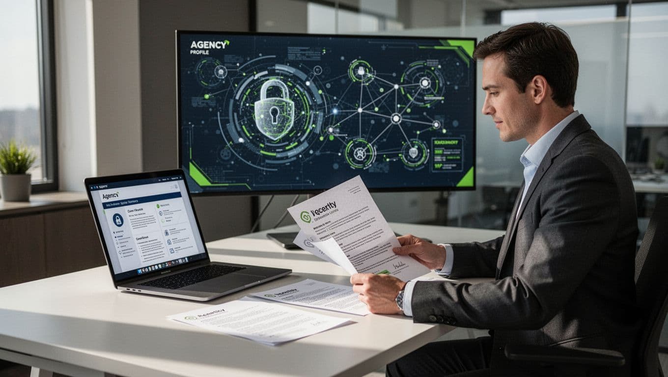 Modern illustration of a hiring manager at a desk reviewing printed resumes and laptop screens showing agency profiles with cybersecurity lock icons and network diagrams.
