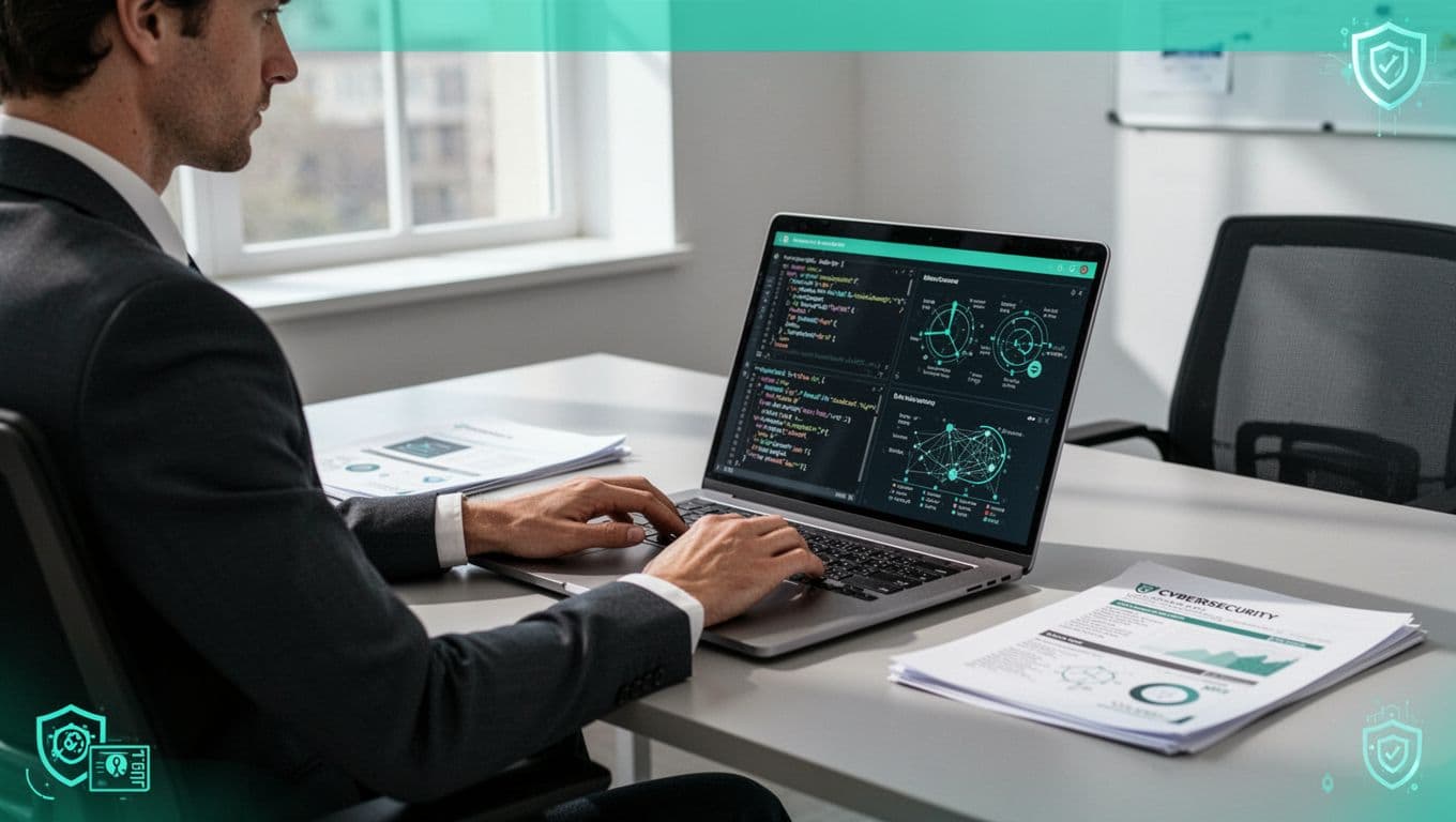 Hiring manager at a modern desk in a professional office reviews cybersecurity portfolio on laptop displaying code snippets, reports, and diagrams. Clean wide composition in modern illustration style with #22C55E accents, soft natural lighting, focus on laptop and documents.