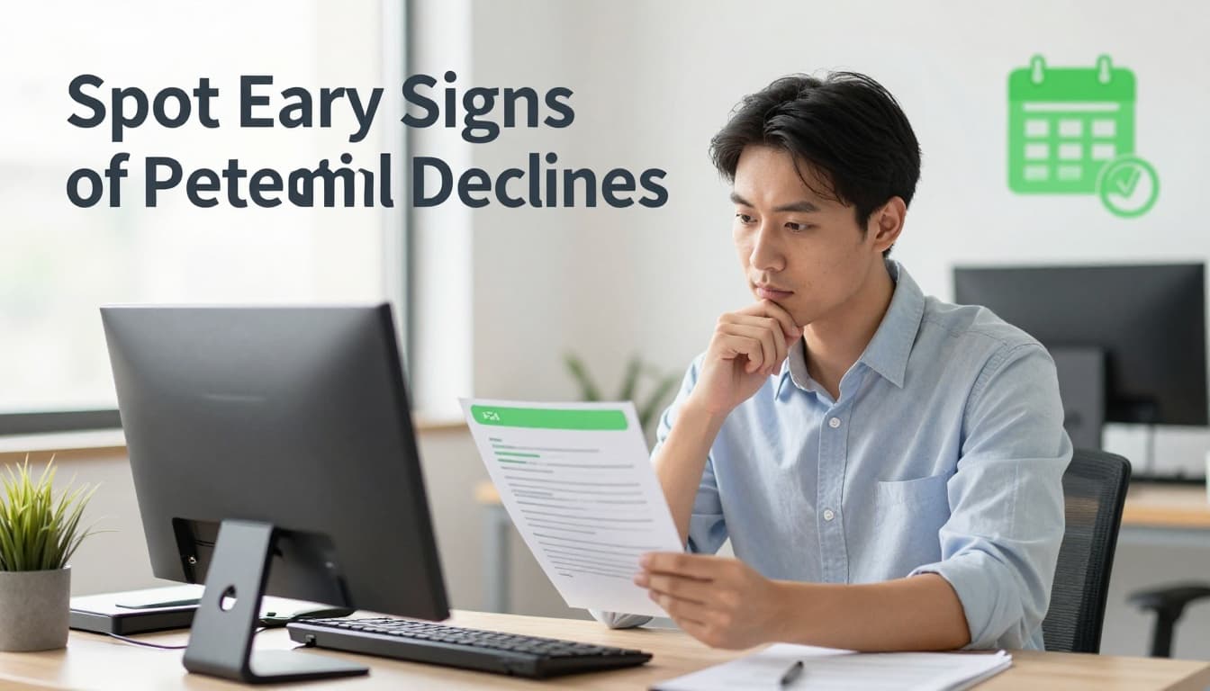 Modern illustration of a hiring manager at a desk reviewing candidate feedback notes with subtle signals like a hesitant email icon and calendar delays, in a bright office setting. Clean composition focuses on the manager's thoughtful expression with soft natural lighting, clean shapes, and a controlled color palette using #22C55E accents on notes and icons.