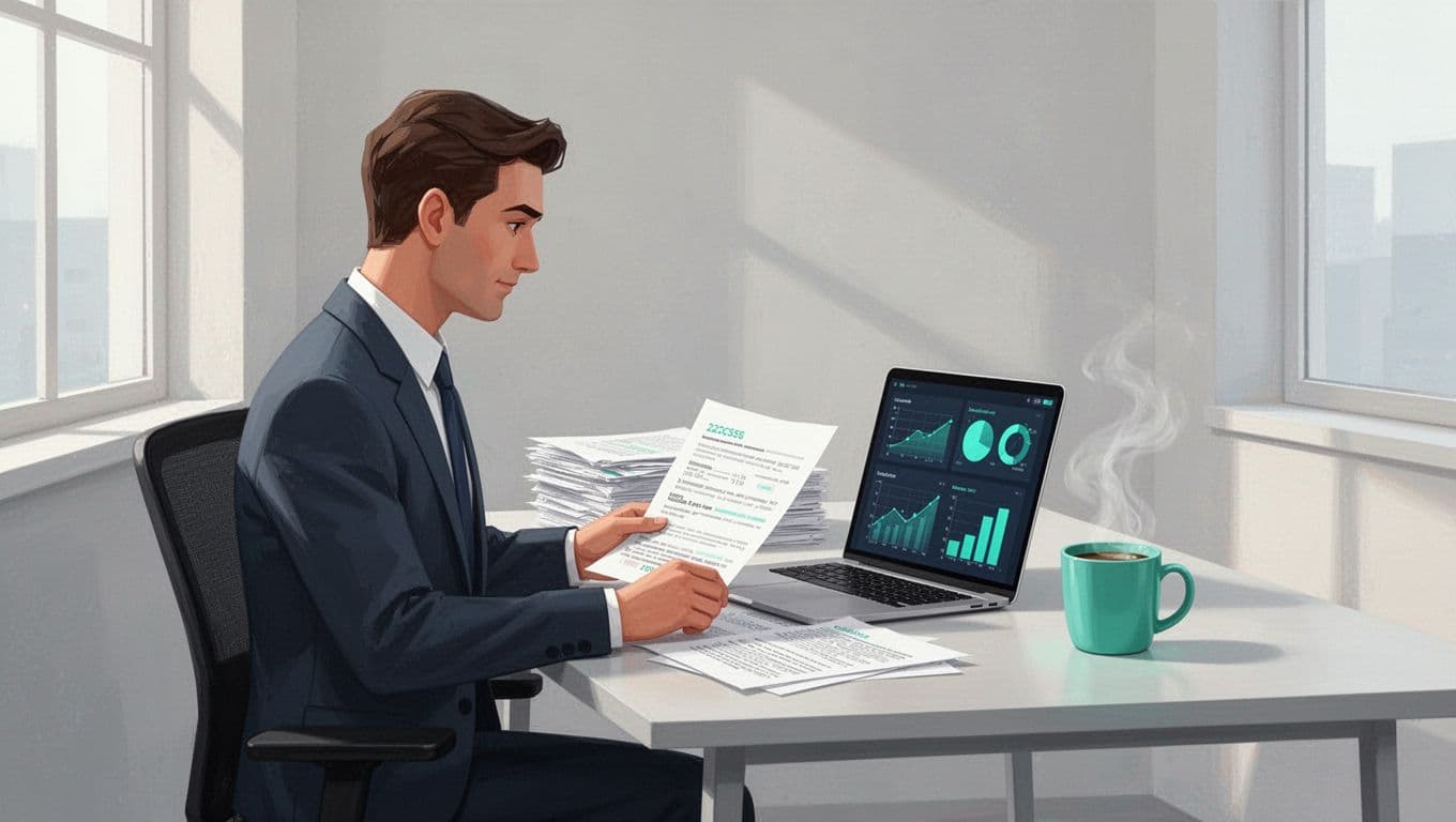 Hiring manager at desk reviews resumes and secure behavior metrics on laptop with coffee nearby.
