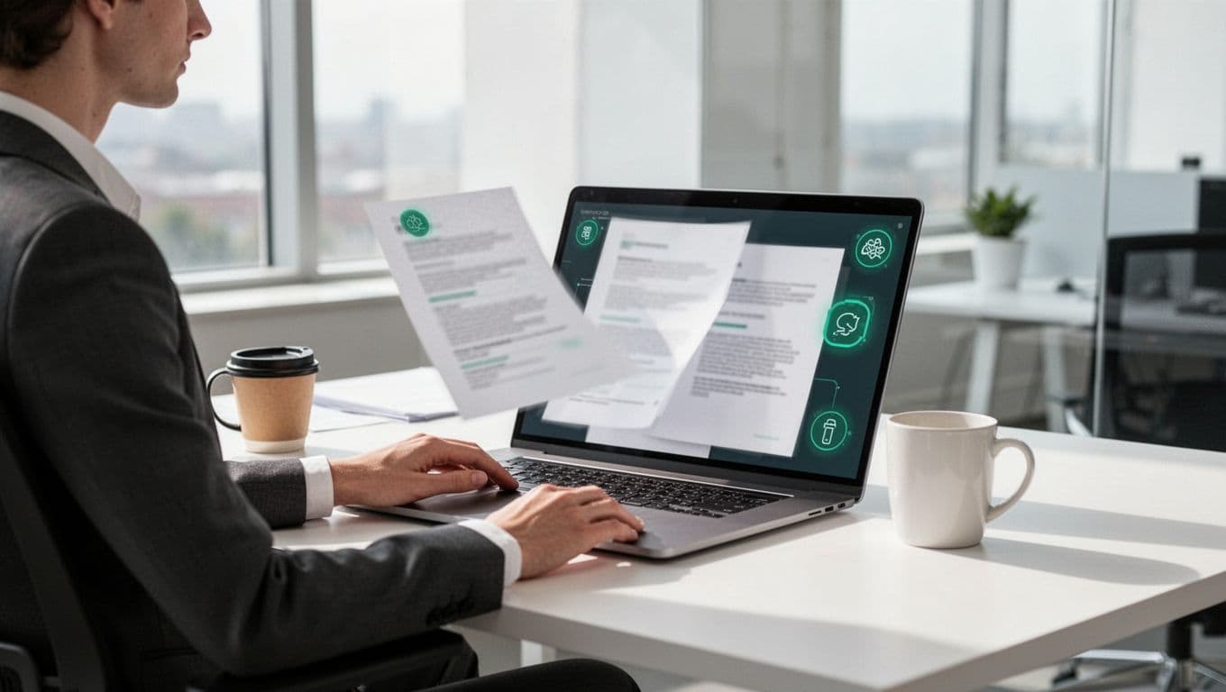 Modern illustration of a hiring manager at a desk reviewing resumes, credentials, and awards on a blurred laptop screen, with a coffee mug nearby, clean shapes, green accents, bright office lighting.