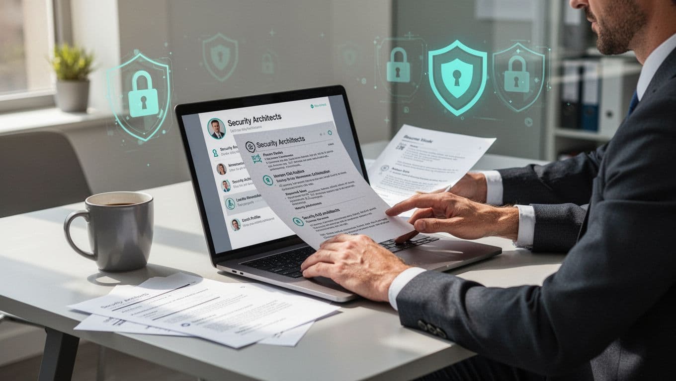 Modern illustration of a hiring manager at a desk reviewing resumes and profiles of security architects on a laptop screen in a focused workspace with coffee mug, notes, and subtle security icons like locks and shields.