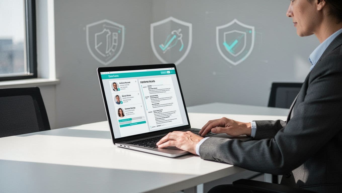 Modern illustration of a hiring manager at a clean desk reviewing candidate profiles and resumes for information security headhunters on a laptop screen, professional office with subtle security icons and green accents.