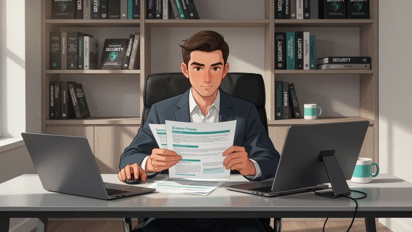 Hiring manager at modern office desk reviewing printed security report and laptop with angled screen, focused expression, background bookshelves with security books, green accents on highlights and mug, modern illustration style.