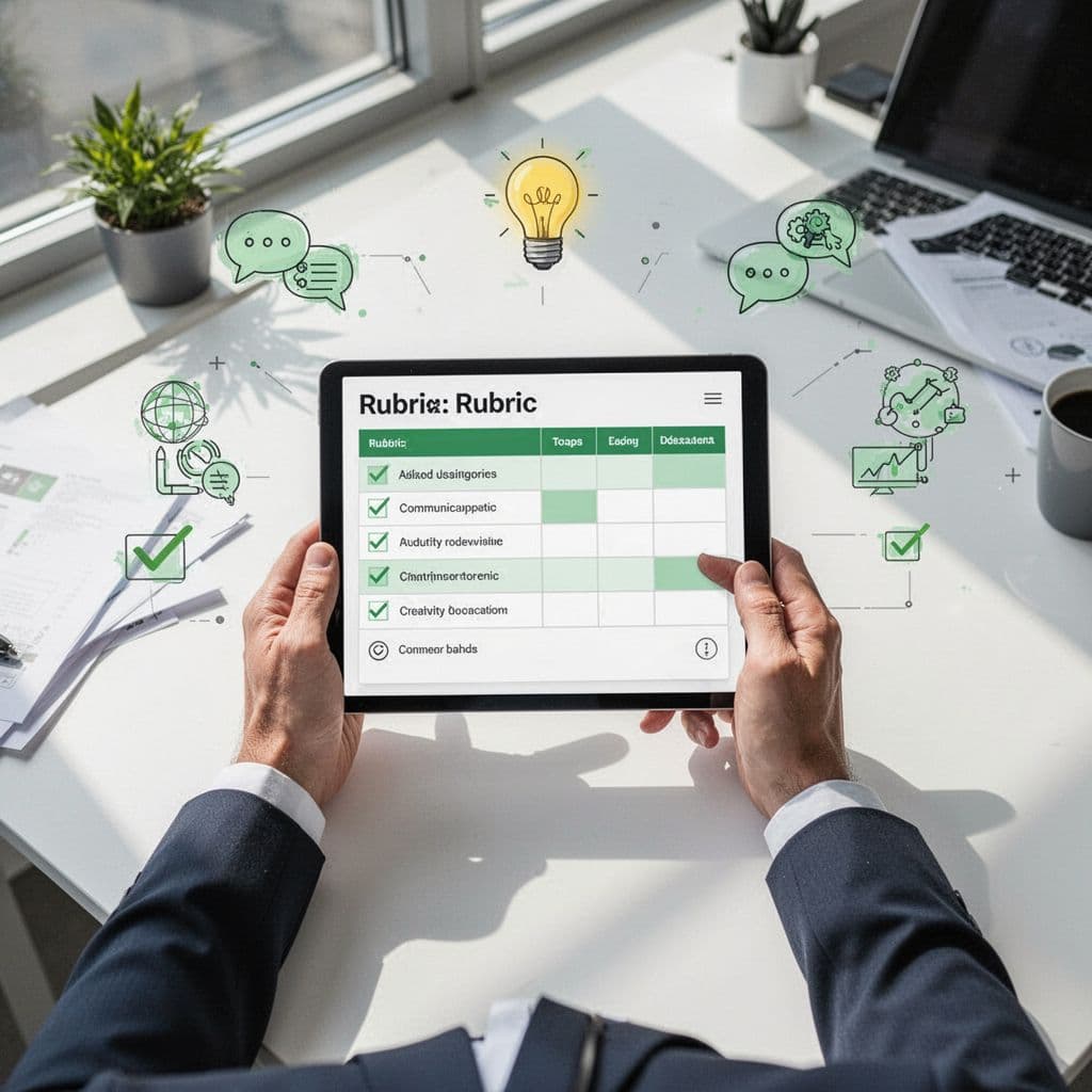 A hiring manager in a bright office reviews a digital security work sample rubric on a tablet, featuring checklist icons for technical depth, communication, and creativity with green accent highlights. Clean modern illustration from an above angle.