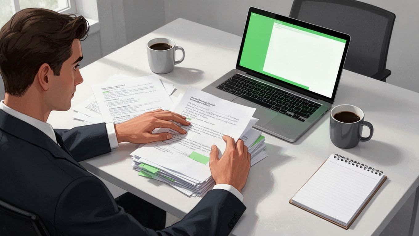 Overhead illustration of a hiring manager at a desk evaluating a stack of writing samples beside a laptop displaying a scoring rubric, with coffee mug and notepad nearby in a simple office.