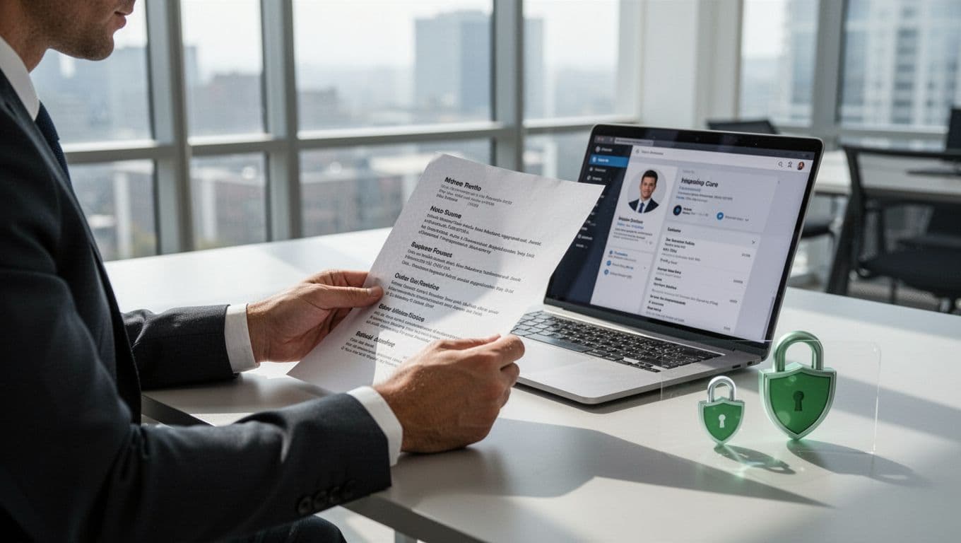 A hiring manager at a modern office desk reviews a resume with nearby security icons like locks and shields, close-up on hands holding paper and laptop showing profile, bright lighting and clean illustration style.