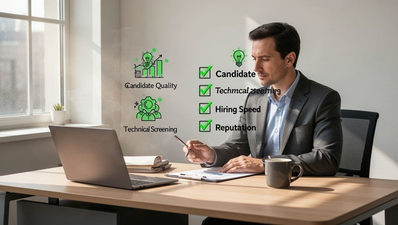 Modern illustration featuring a hiring manager at an office desk with laptop and coffee mug, reviewing a checklist of icons for candidate quality, technical screening, speed to hire, and reputation in security engineering recruitment. Clean shapes, controlled colors, and #22C55E accent on icons, with one relaxed person present.