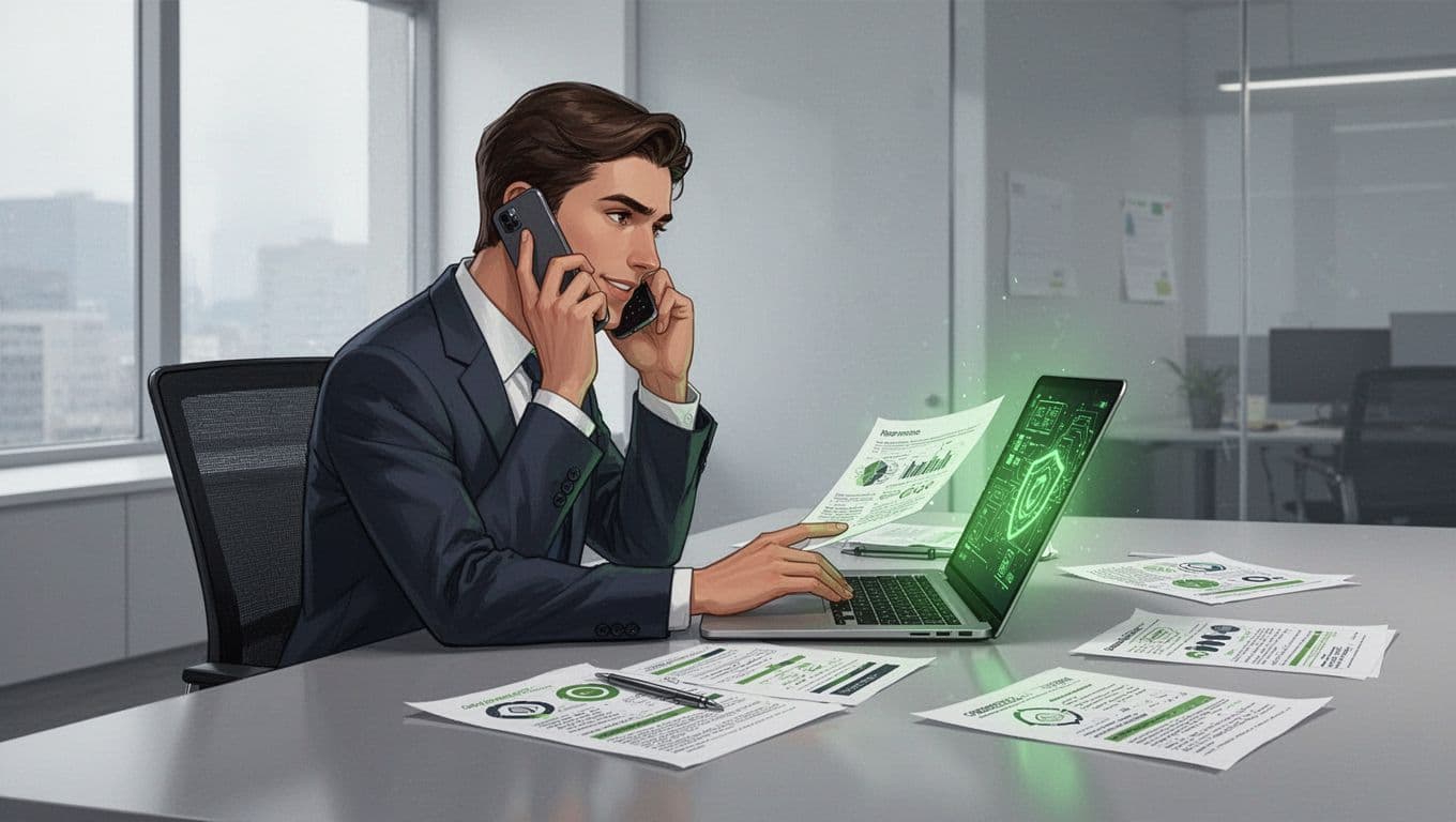 Modern illustration of a hiring manager in a contemporary office on a phone call performing a reference check, with a desk featuring a laptop and cybersecurity notes, using clean shapes and a controlled color palette accented by green glows.