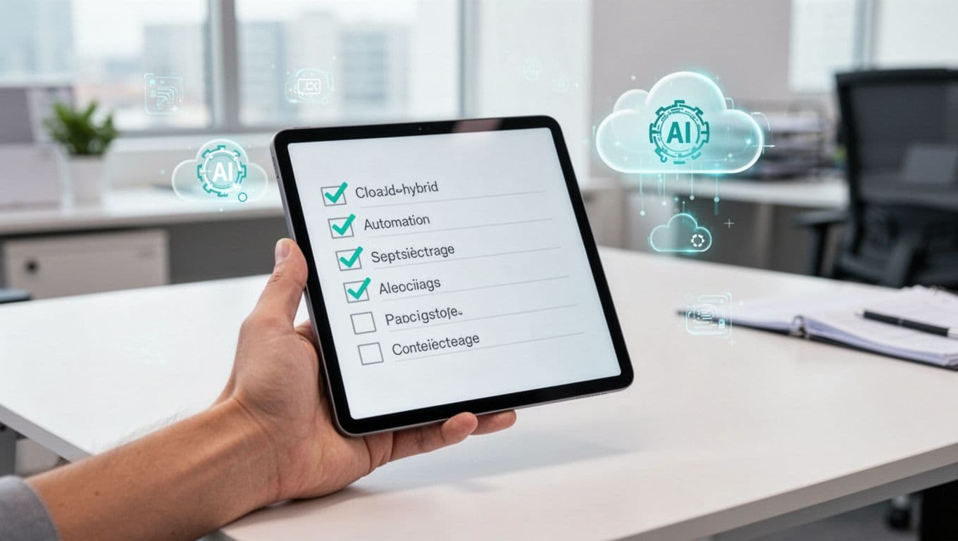 Hand holds angled tablet displaying checklist with green checkmarks and subtle AI cloud icons on clean office desk.