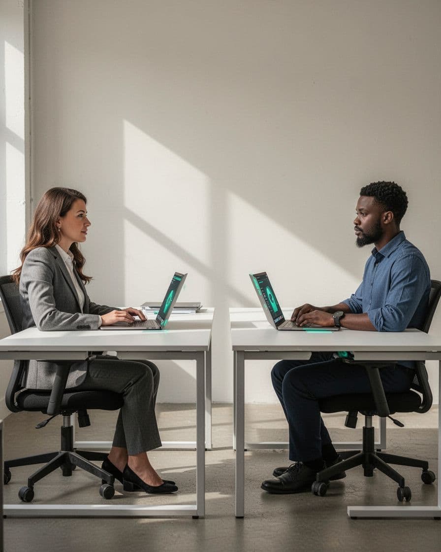 Modern illustration of a hiring manager interviewing a security candidate over a video call, both relaxed at desks with laptops in neutral office settings. Clean shapes, strong composition, and green accents on call interface icons, portrait aspect.