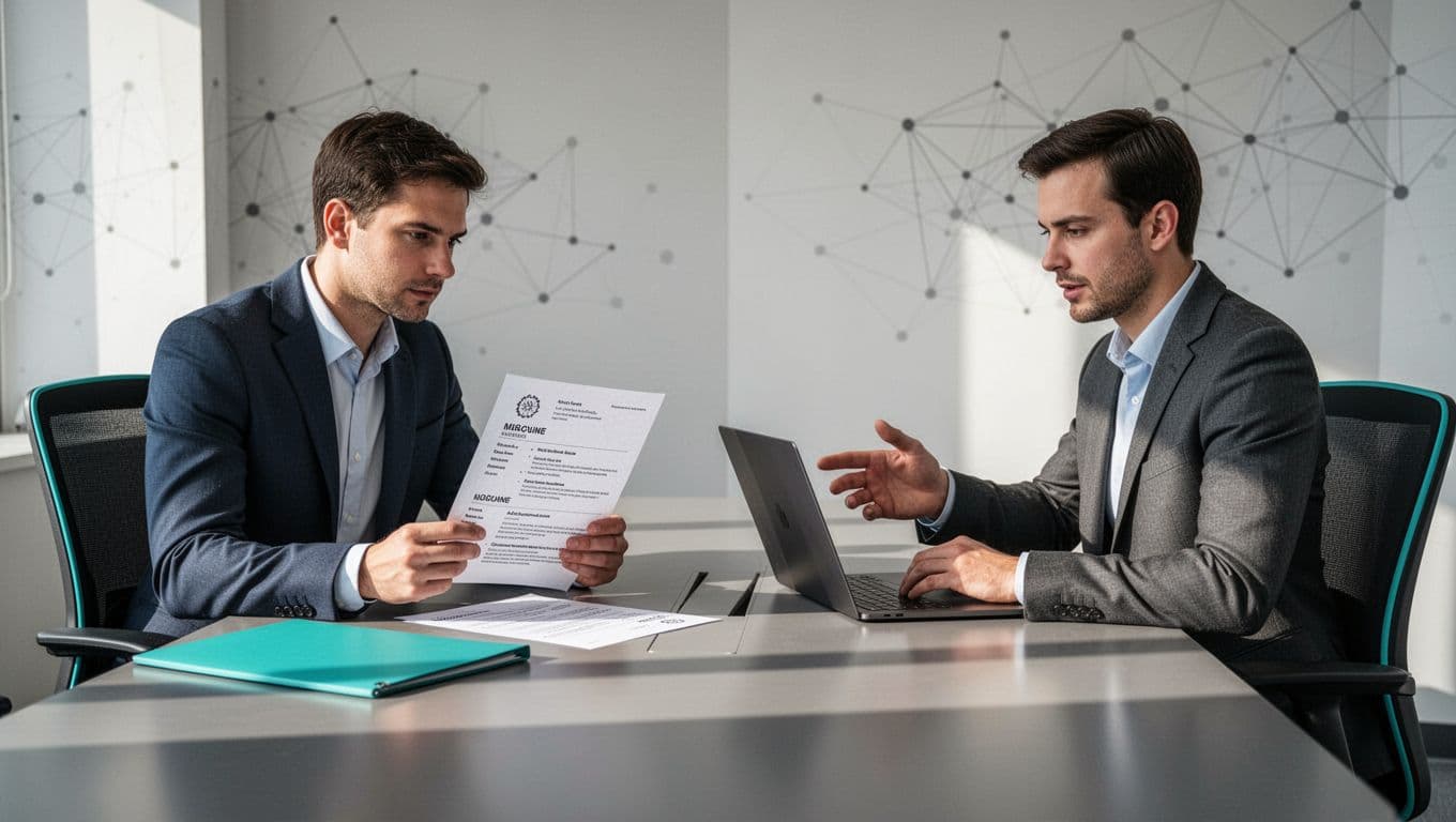 Modern illustration of two professionals at a conference table: one reviews a resume, the other points at a laptop screen, with subtle cybersecurity icons on walls, clean design and natural lighting.