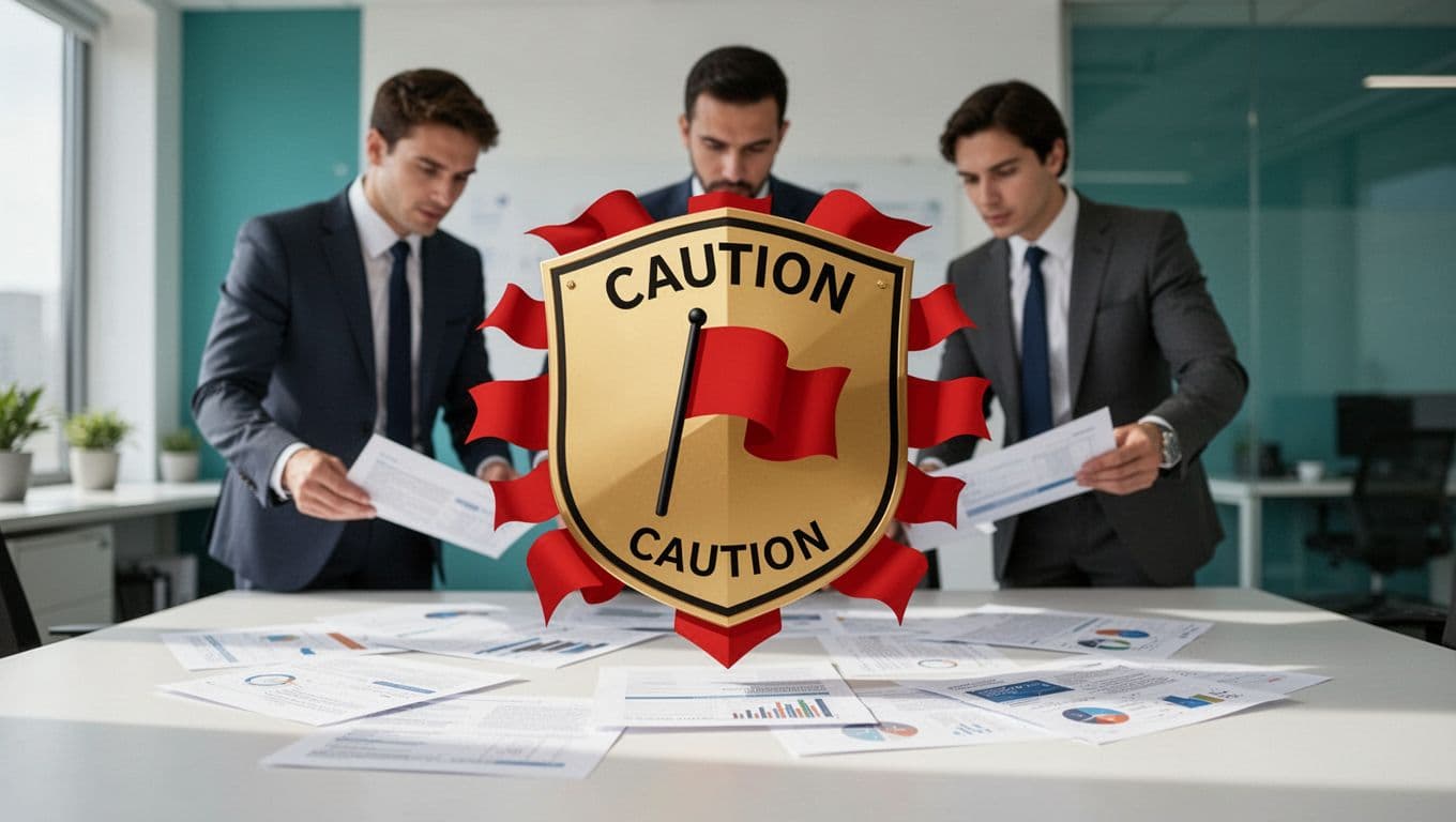 Modern illustration of a warning sign with pitfalls and red flags around a hiring process scene featuring documents and a confused business team.